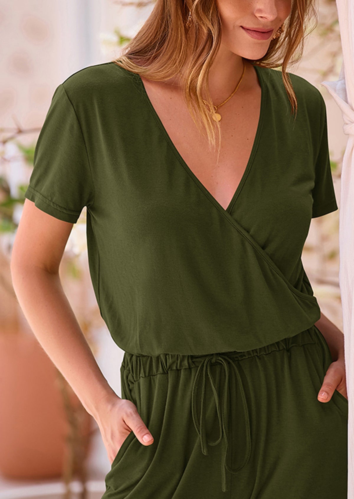 Deep V Neck Wrap Drawstring Waist Jumpsuits