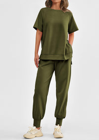 Casual Short Sleeve Tops High Waisted Sweatpants Two Piece Sets