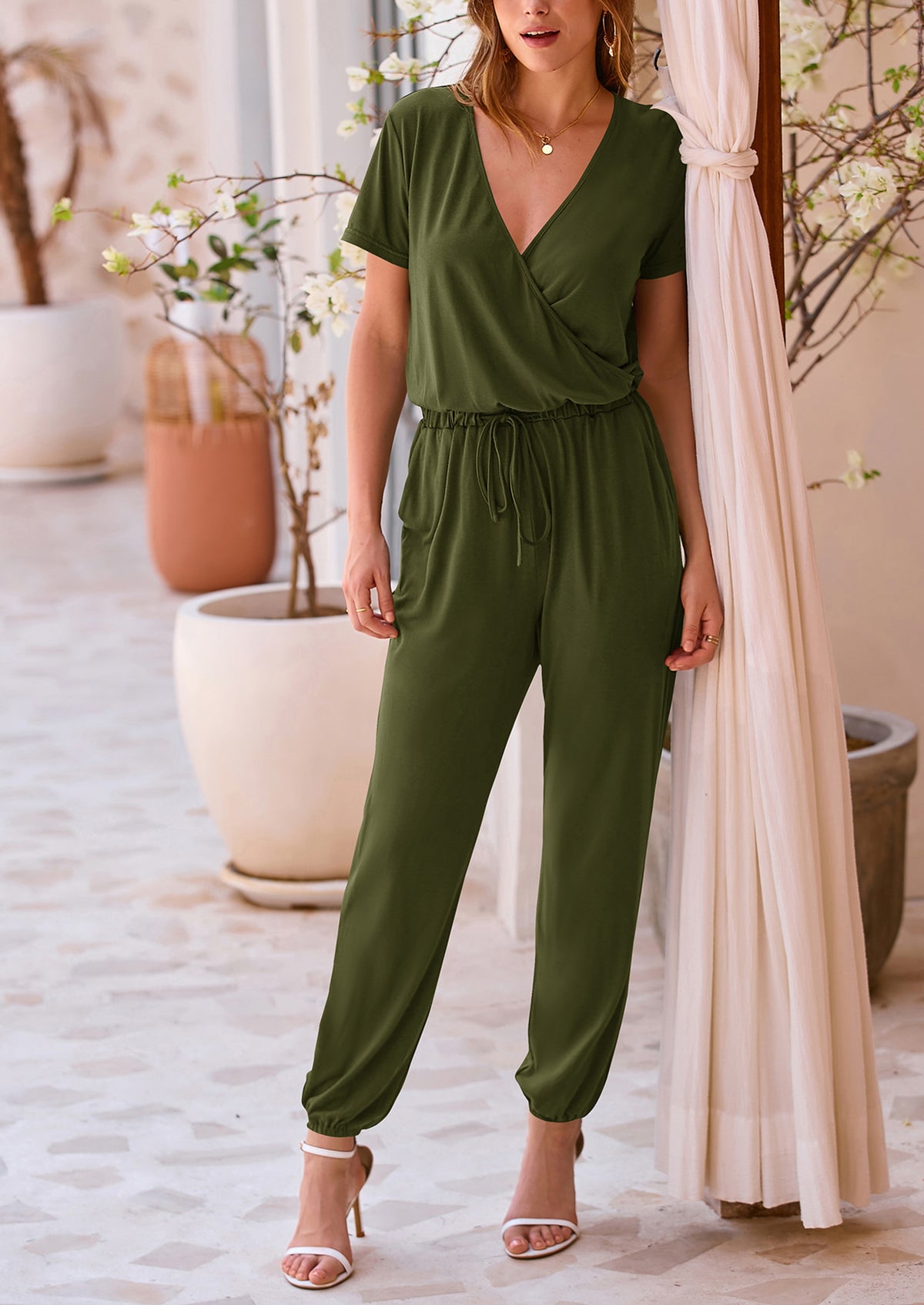Deep V Neck Wrap Drawstring Waist Jumpsuits