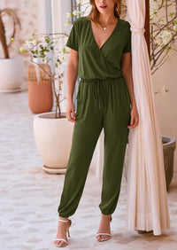 Deep V Neck Wrap Drawstring Waist Jumpsuits