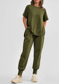 Casual Short Sleeve Tops High Waisted Sweatpants Two Piece Sets