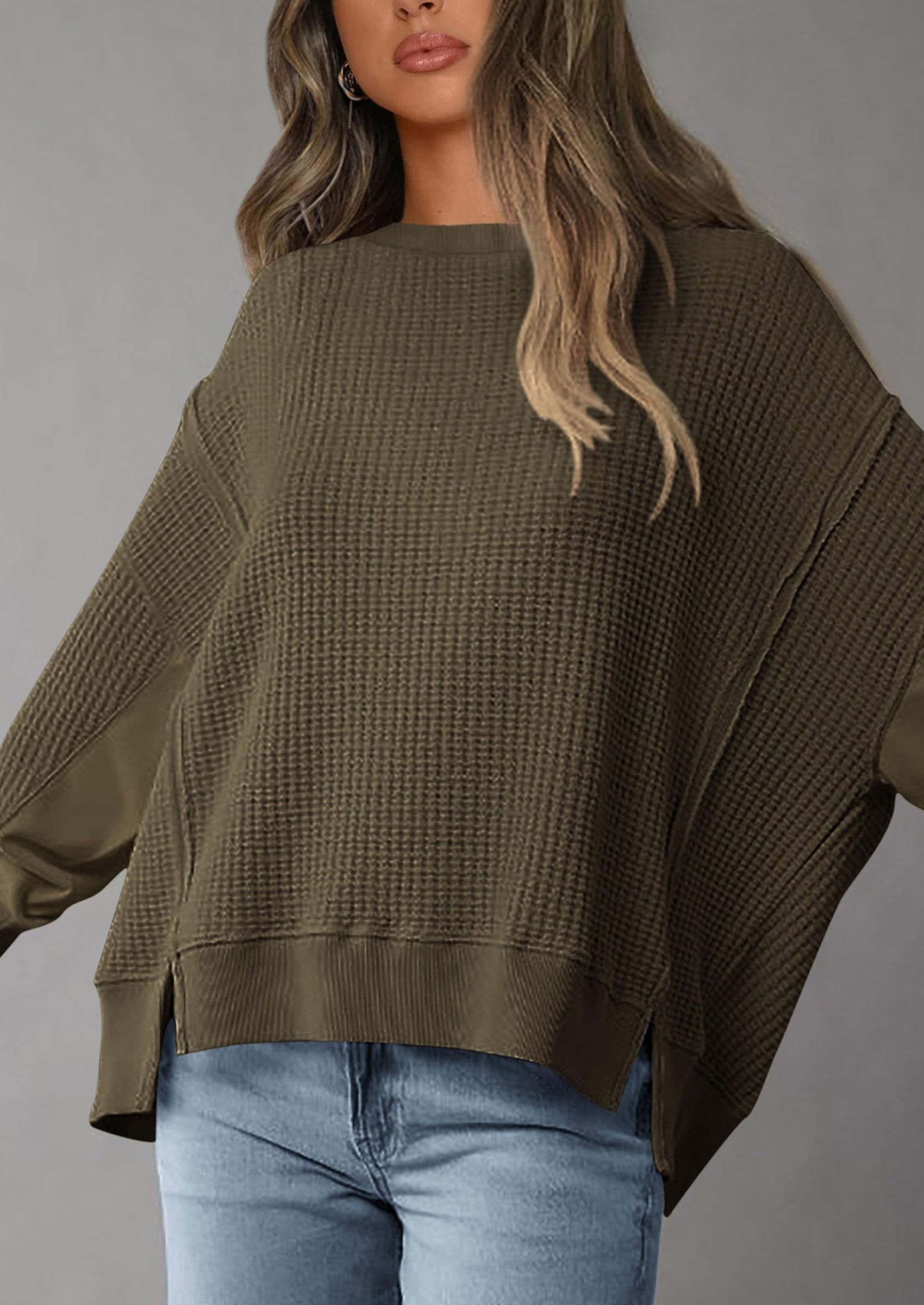 PRETTYGARDEN Oversized Sweatshirt for Women Fashion Crewneck Long Sleeve Pullover Waffle Knit Tops Fall Trendy Clothes