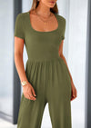 PRETTYGARDEN Casual Short Sleeve Square Neck Wide Leg Jumpsuit Rompers