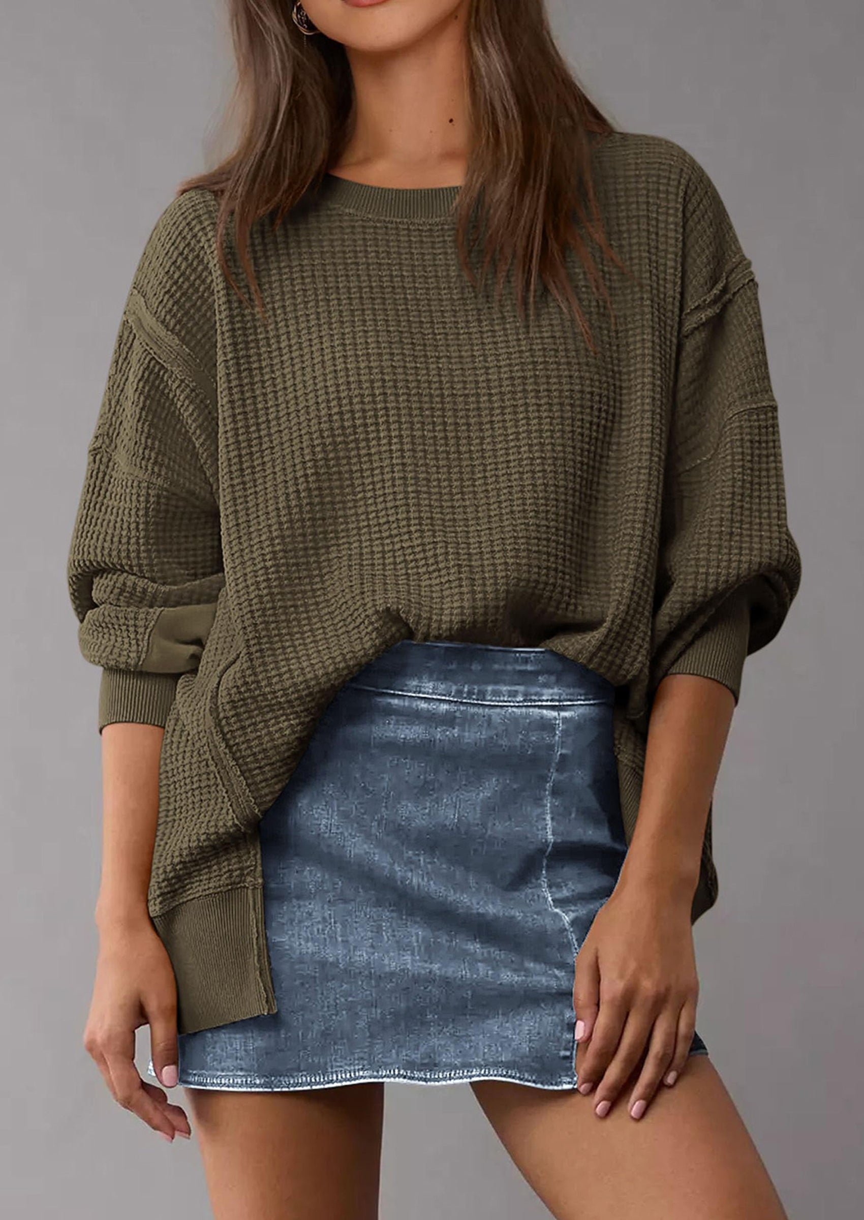PRETTYGARDEN Oversized Sweatshirt for Women Fashion Crewneck Long Sleeve Pullover Waffle Knit Tops Fall Trendy Clothes