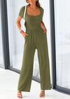 PRETTYGARDEN Casual Short Sleeve Square Neck Wide Leg Jumpsuit Rompers