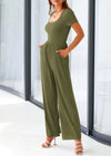 PRETTYGARDEN Casual Short Sleeve Square Neck Wide Leg Jumpsuit Rompers