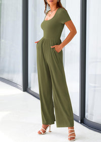 PRETTYGARDEN Casual Short Sleeve Square Neck Wide Leg Jumpsuit Rompers