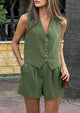 Button Down V Neck Vest Sleeveless Tops And Pockets Shorts 2 Piece Suits Sets