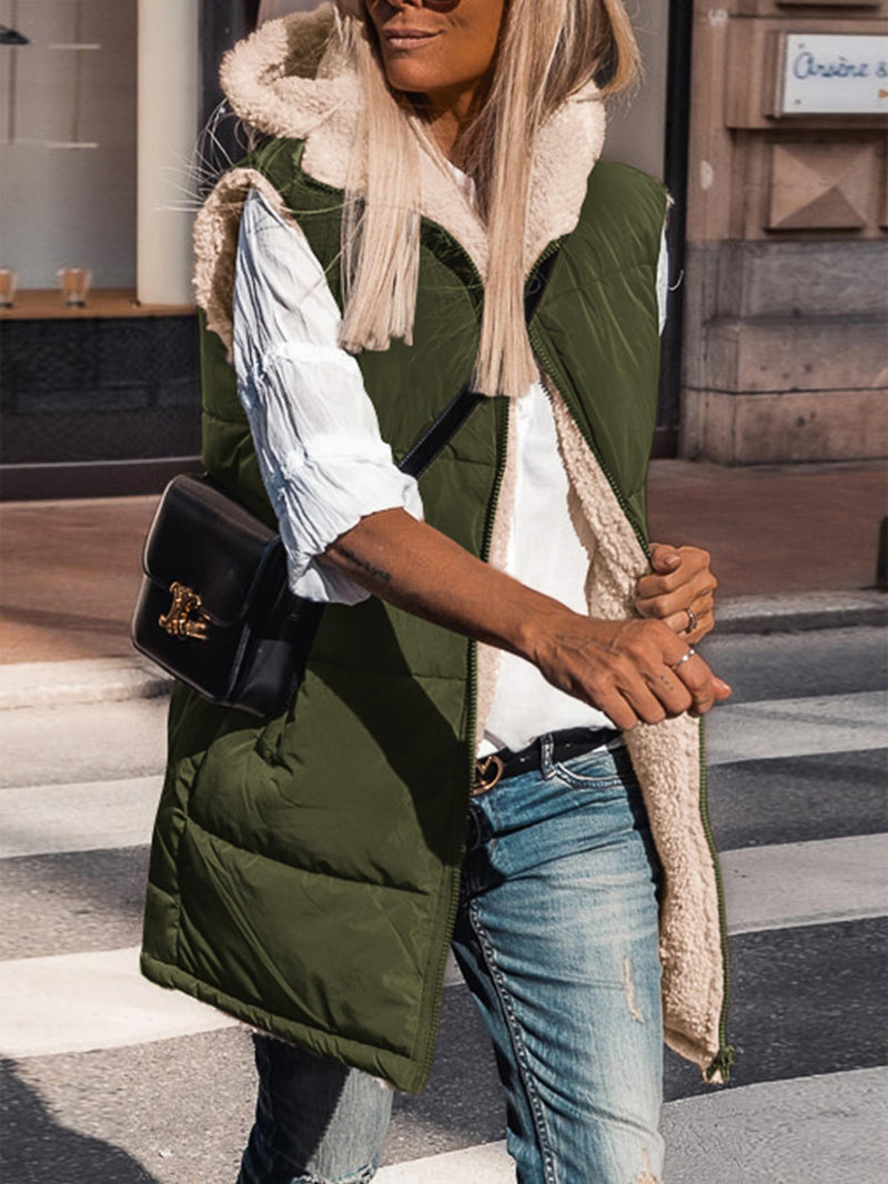 PRETTYGARDEN Womens Fall Reversible Vests Sleeveless Fleece Jacket Zip Up Hoodie Pockets Long Warm Winter Coat Outerwear