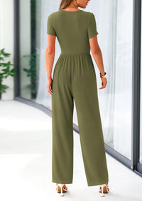 PRETTYGARDEN Casual Short Sleeve Square Neck Wide Leg Jumpsuit Rompers