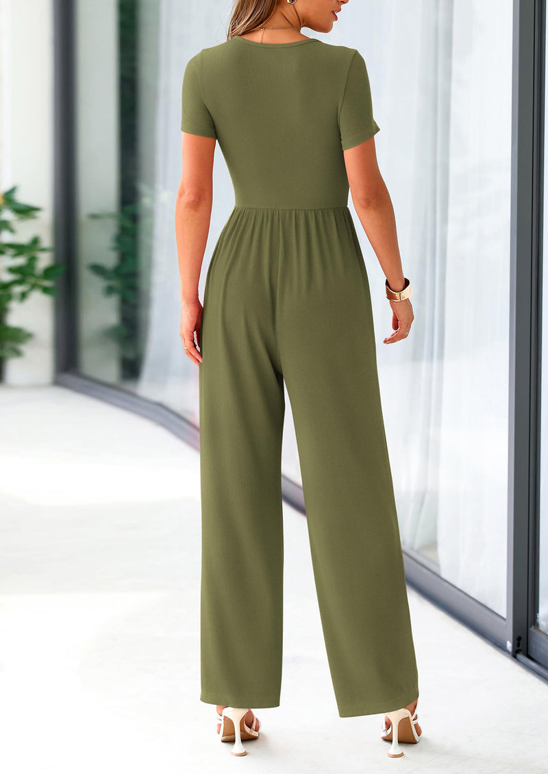PRETTYGARDEN Casual Short Sleeve Square Neck Wide Leg Jumpsuit Rompers