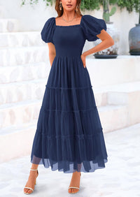 Smocked Tulle Puffy Short Sleeve Square Neck Ruffle Midi Dresses