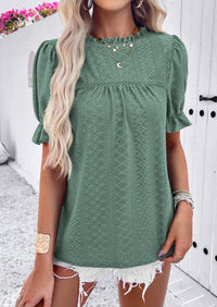 Casual Crew Neck Ruffle Short Sleeve Eyelet Babydoll Blouse