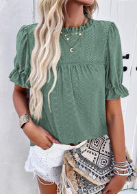 Casual Crew Neck Ruffle Short Sleeve Eyelet Babydoll Blouse