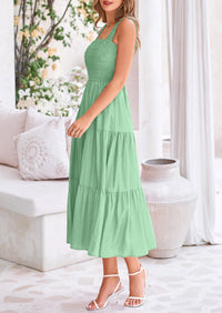 Smocked Ruffle A Line Long Flowy Sleeveless Beach Midi Dress