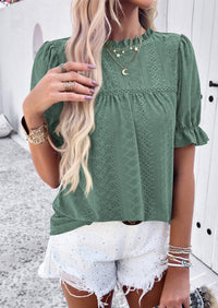 Casual Crew Neck Ruffle Short Sleeve Eyelet Babydoll Blouse