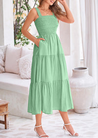 Smocked Ruffle A Line Long Flowy Sleeveless Beach Midi Dress