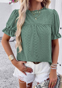 Casual Crew Neck Ruffle Short Sleeve Eyelet Babydoll Blouse