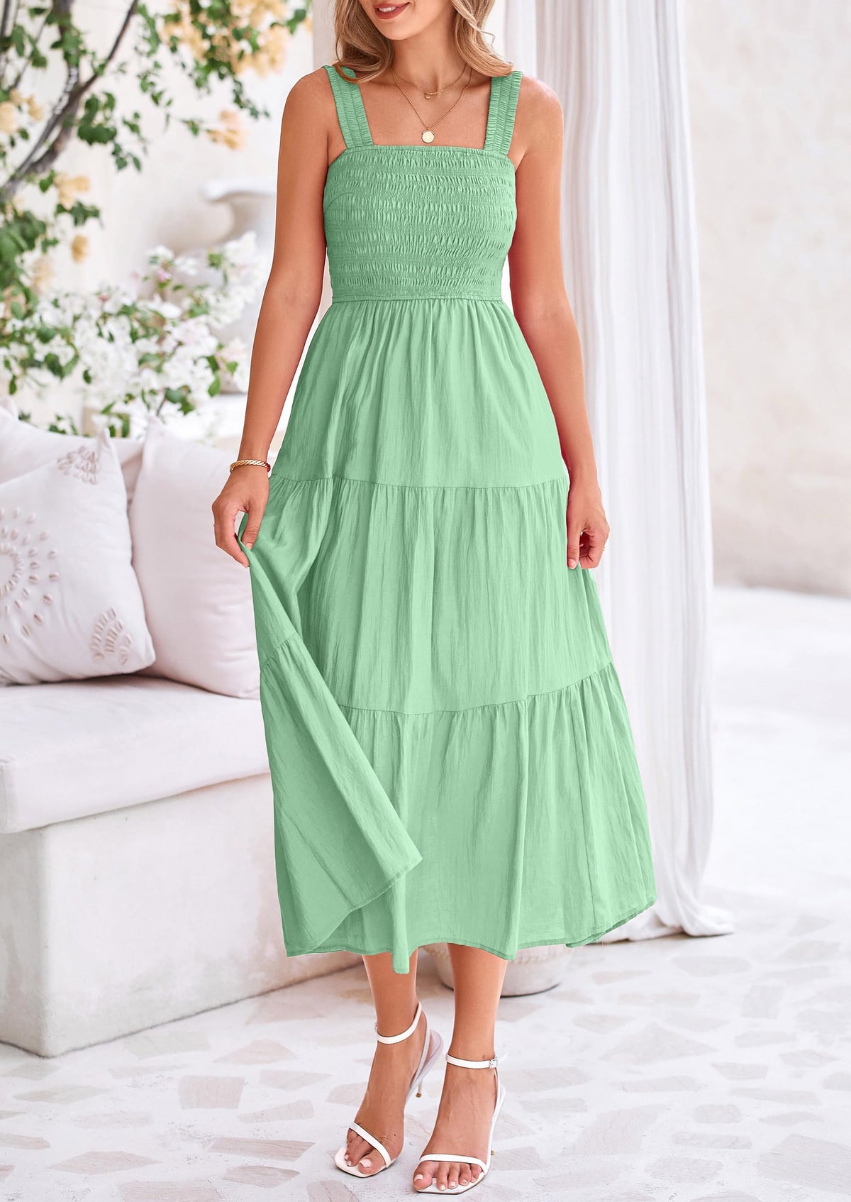 Smocked Ruffle A Line Long Flowy Sleeveless Beach Midi Dress