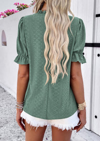 Casual Crew Neck Ruffle Short Sleeve Eyelet Babydoll Blouse