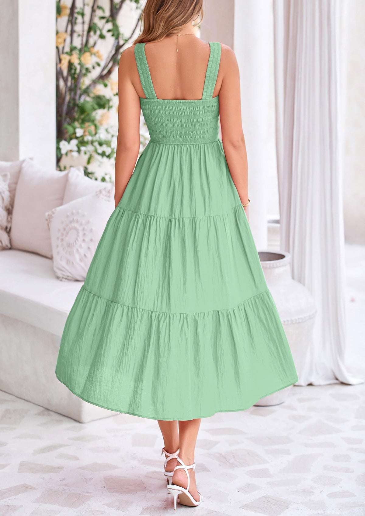 Smocked Ruffle A Line Long Flowy Sleeveless Beach Midi Dress