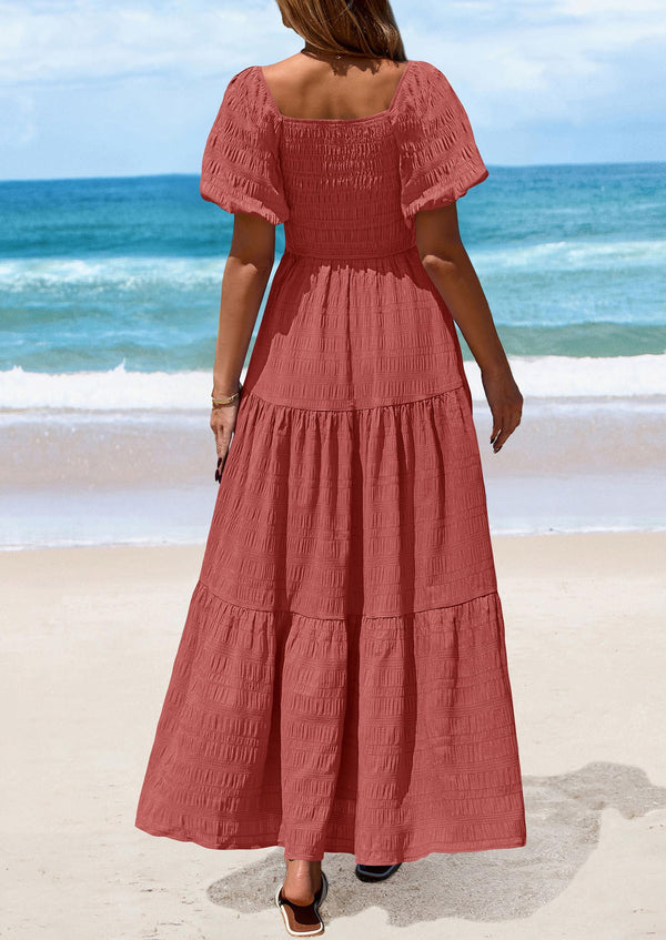 Puff Short Sleeve Square Neck Smocked Tiered Ruffle A Line Flowy Beach Maxi Dresses
