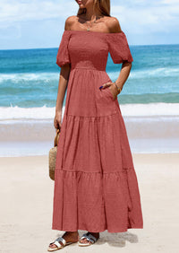 Puff Short Sleeve Square Neck Smocked Tiered Ruffle A Line Flowy Beach Maxi Dresses
