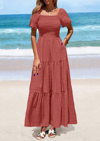Puff Short Sleeve Square Neck Smocked Tiered Ruffle A Line Flowy Beach Maxi Dresses