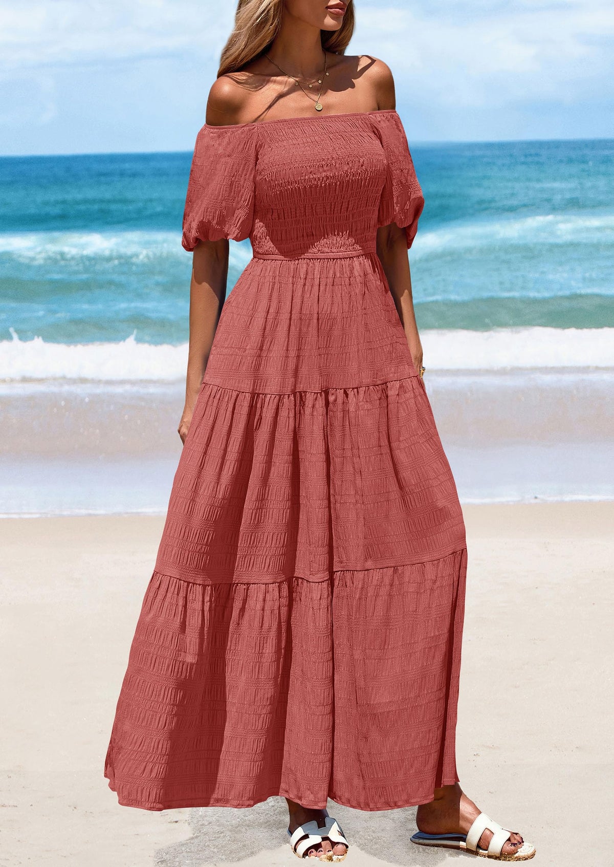 Puff Short Sleeve Square Neck Smocked Tiered Ruffle A Line Flowy Beach Maxi Dresses