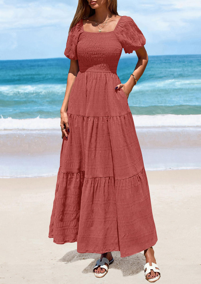 Puff Short Sleeve Square Neck Smocked Tiered Ruffle A Line Flowy Beach Maxi Dresses