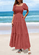 Puff Short Sleeve Square Neck Smocked Tiered Ruffle A Line Flowy Beach Maxi Dresses