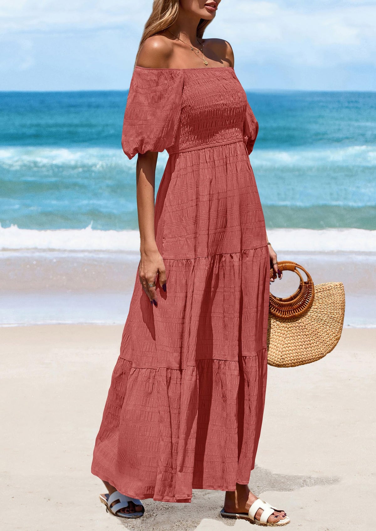 Puff Short Sleeve Square Neck Smocked Tiered Ruffle A Line Flowy Beach Maxi Dresses