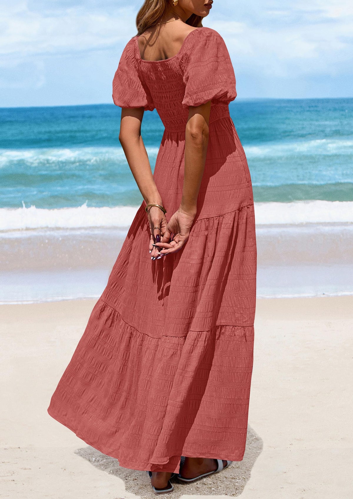 Puff Short Sleeve Square Neck Smocked Tiered Ruffle A Line Flowy Beach Maxi Dresses