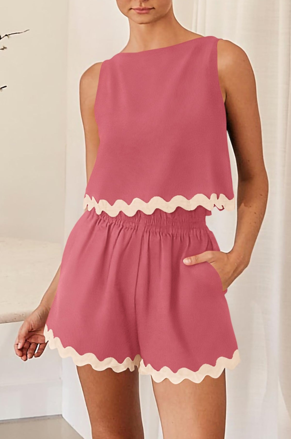 Beach Vacation Cropped Tank Top High Waist Shorts Two Piece Set