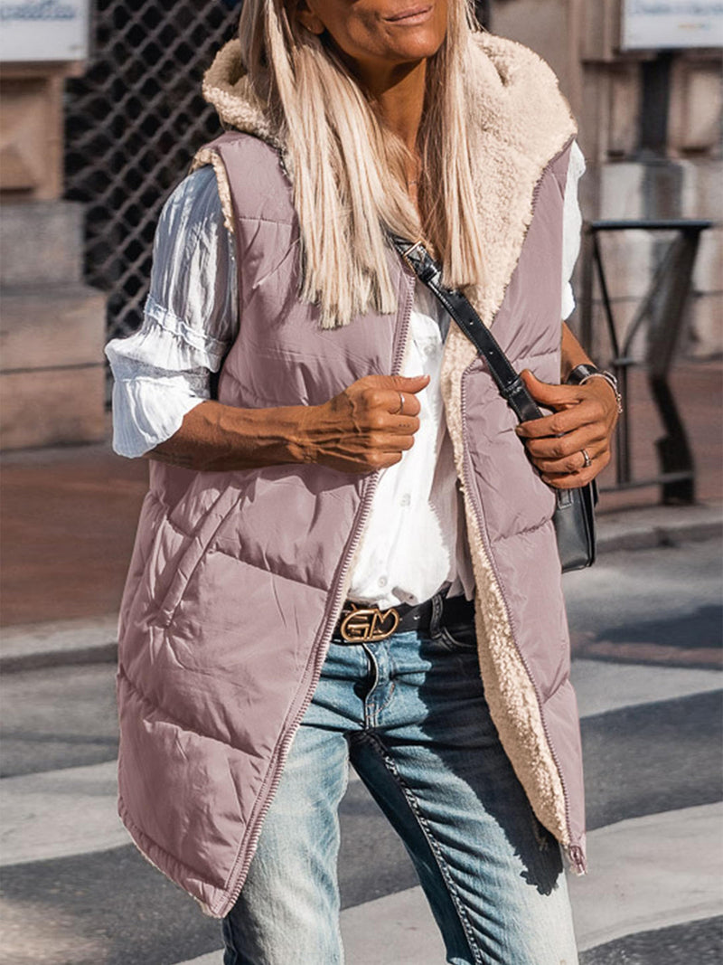 PRETTYGARDEN Womens Fall Reversible Vests Sleeveless Fleece Jacket Zip Up Hoodie Pockets Long Warm Winter Coat Outerwear