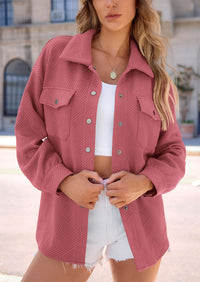Button Down Collared Long Sleeve Textured Casual Shacket Jackets