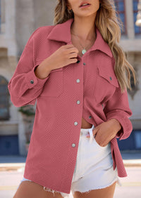 Button Down Collared Long Sleeve Textured Casual Shacket Jackets