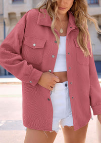 Button Down Collared Long Sleeve Textured Casual Shacket Jackets