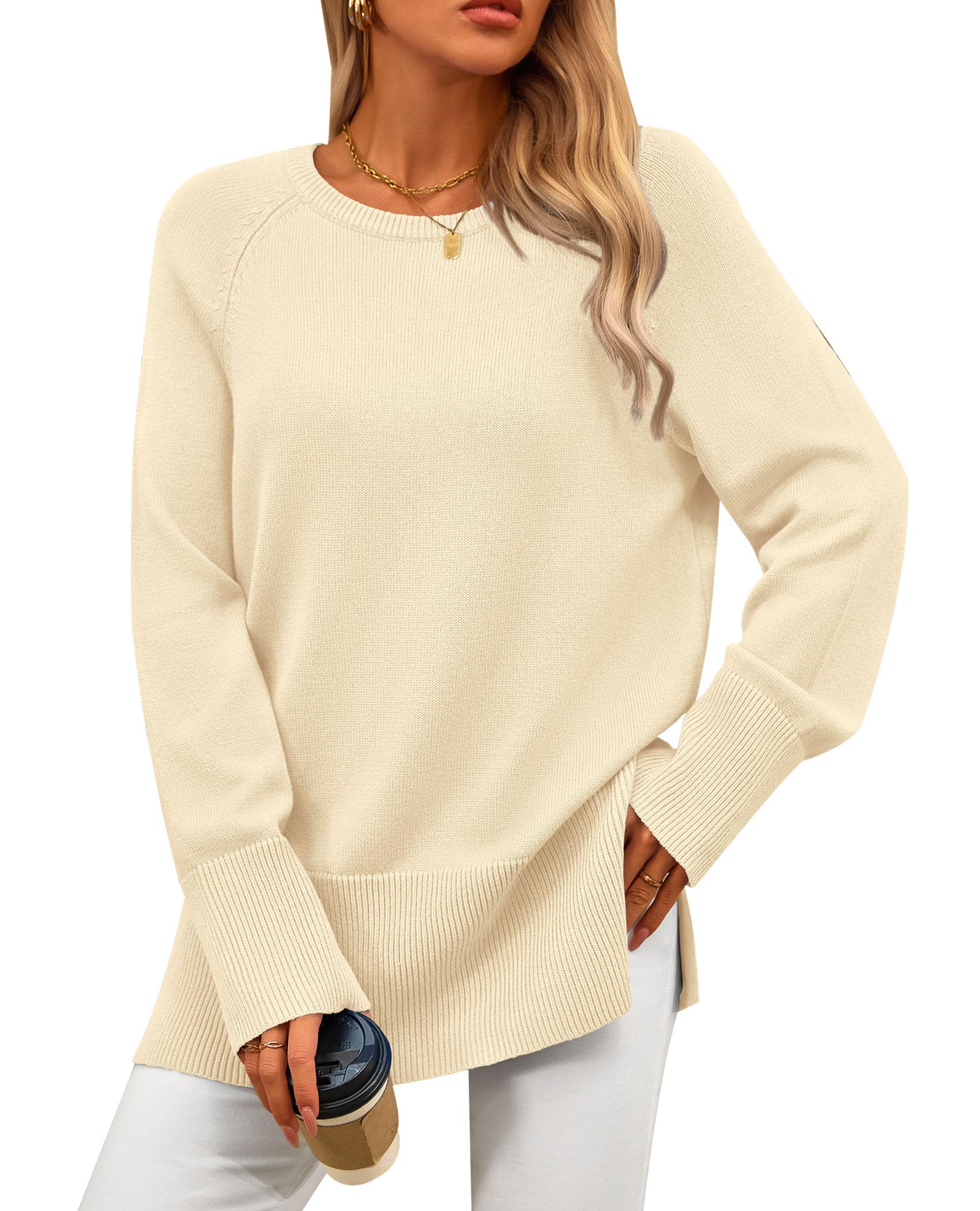 PRETTYGARDEN Women's Knit Fall Sweaters Long Sleeve Pullover Crewneck Split Hem Oversized Tunic Sweater Tops Winter Clothing