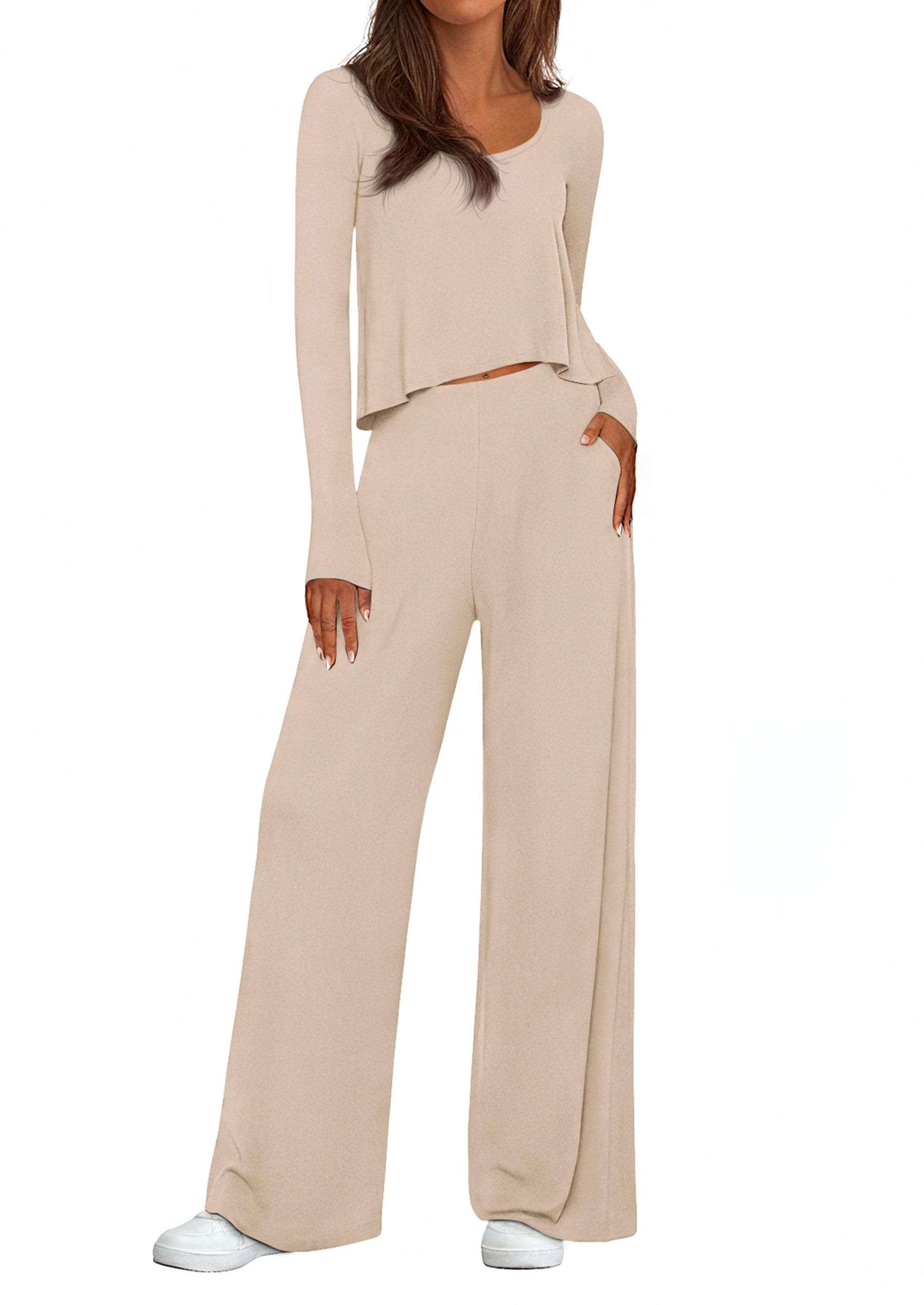 PRETTYGARDEN Women's 2 Piece Fall Sets  Casual Long Sleeve Shirts Wide Leg Pants Lounge Travel Outfits Fashion Clothing