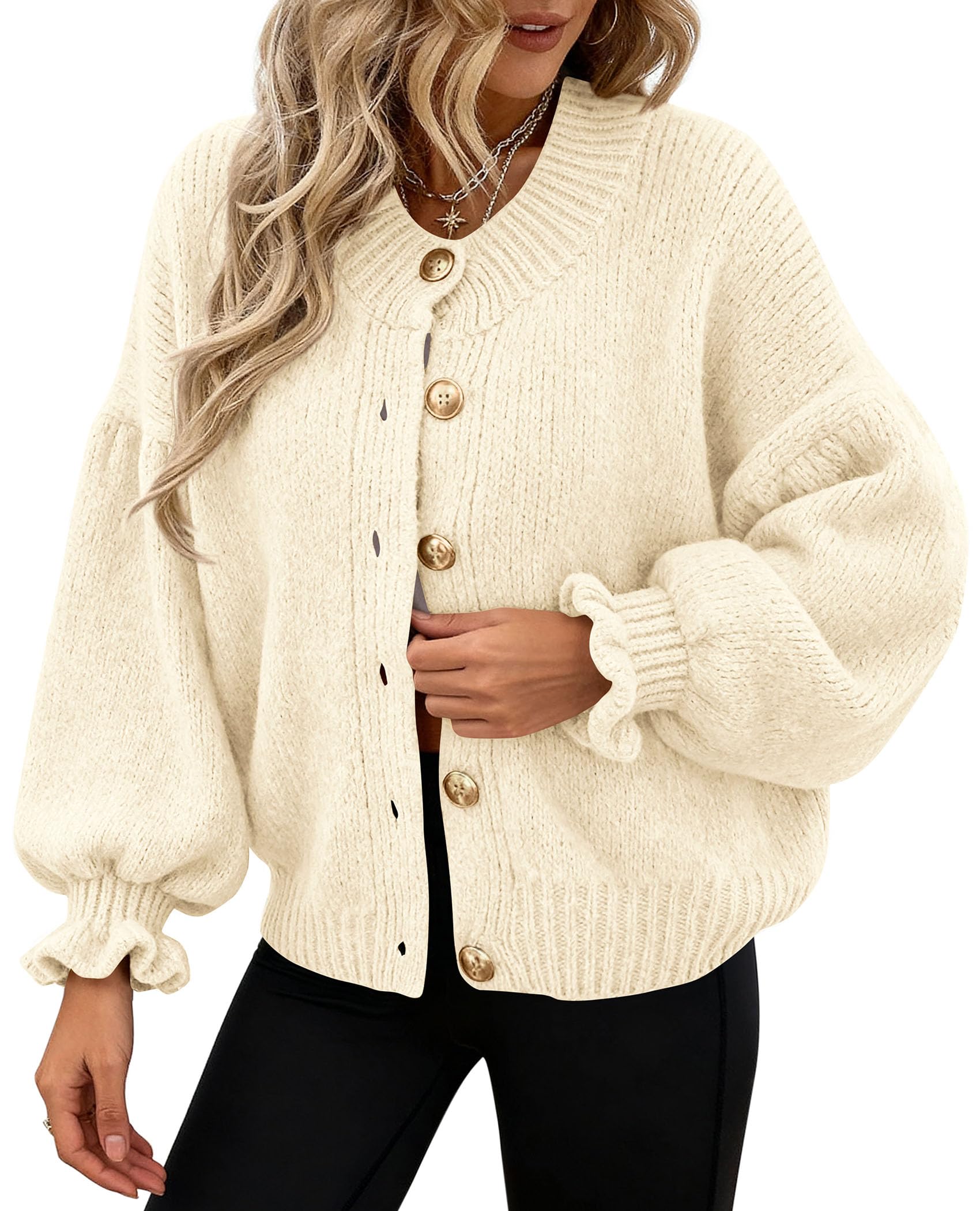 PRETTYGARDEN Womens Cropped Cardigans Trendy PRETTYGARDEN Long Sleeve Cropped Sweaters for Women Ruffle Oversized CardiganRuffle Open Front Chunky Knit Sweater Oversized Button Down Fall Clothes PRETTYGARDEN