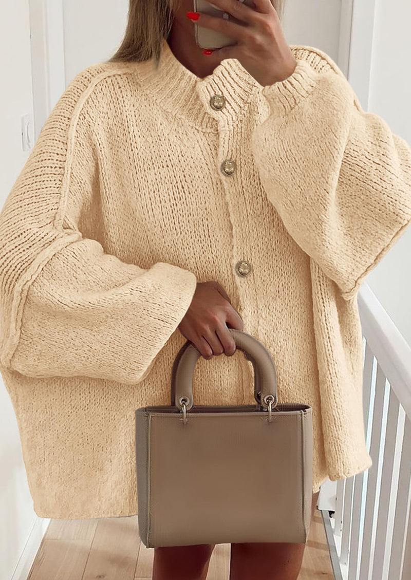 PRETTYGARDEN Women's Winter Button Down Cardigan Sweaters Mock Neck Lantern Long Sleeve Chunky Knit Jacket Trendy Outerwear