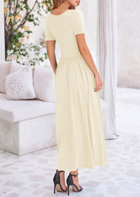 Casual Short Sleeve Ruched Patchwork A Line Pleated Swing Maxi Dresses with Pockets