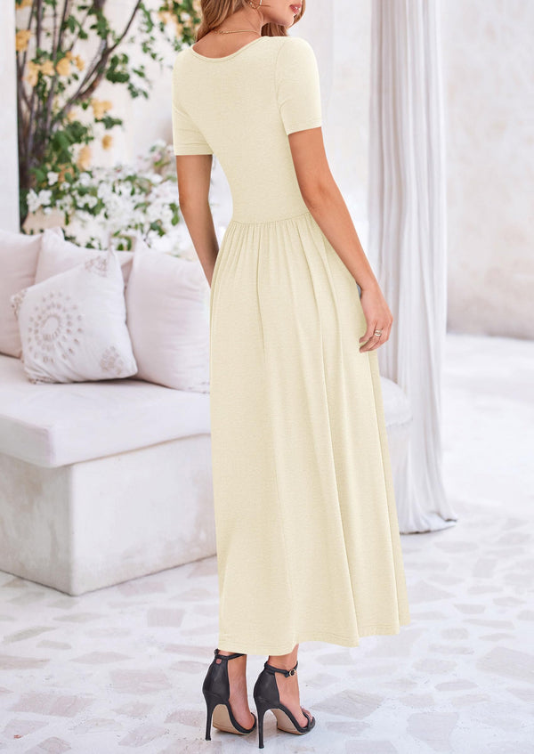 Casual Short Sleeve Ruched Patchwork A Line Pleated Swing Maxi Dresses with Pockets