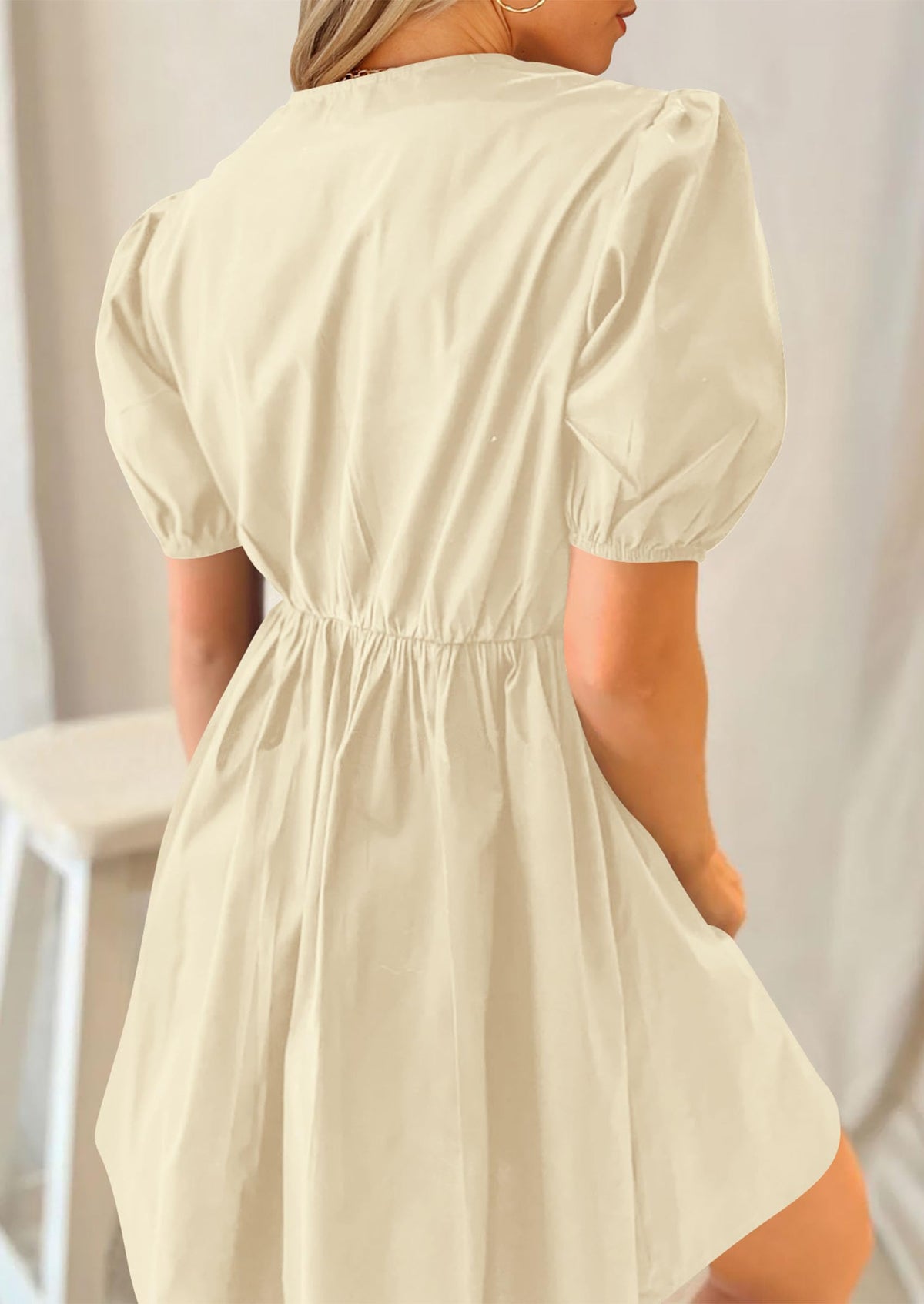 Casual Short Sleeve A Line Bow Tie Front Babydoll Loose Mini Dresses with Pockets