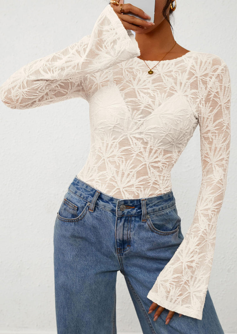 PRETTYGARDEN Womens Lace Long Bell Sleeve Tops Fall Sexy See Through Sheer Floral Blouse Shirt Fitted Going Out Outfits