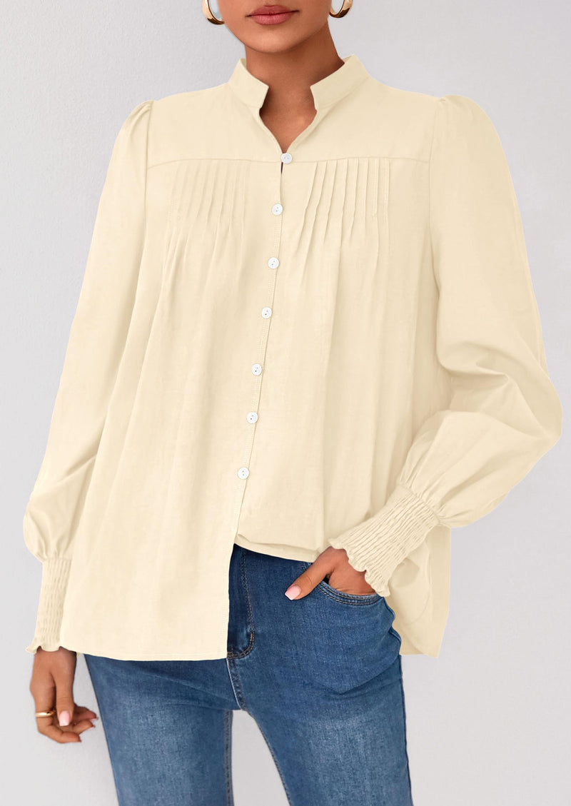 PRETTYGARDEN Womens Fall Lantern Long Sleeve Shirts Trendy Button V Neck Pleated Henley Tops Loose Work Blouses