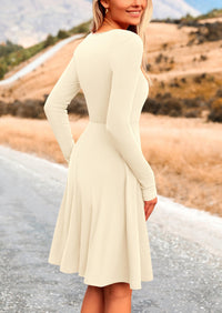 Ribbed Knit Crew Neck Long Sleeve A-Line Flowy Casual Elegant Mini Dresses