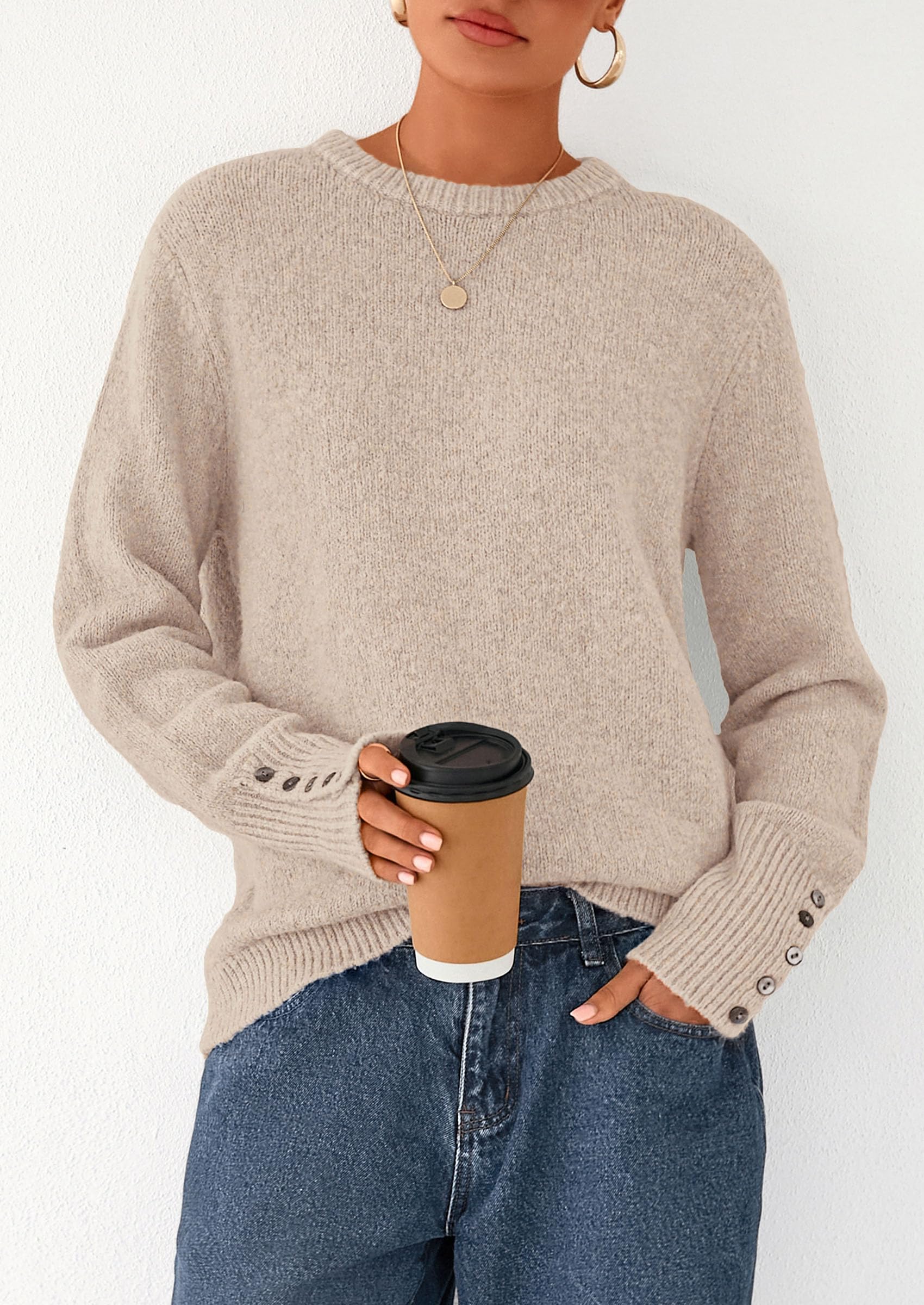 PRETTYGARDEN Womens Sweaters Fall Fashion Casual Crewneck Pullover Button Long Sleeve Cute Knit Tops Winter Clothes