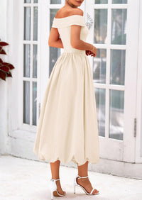 Off Shoulder Sleeveless A Line Midi Dress with Pockets